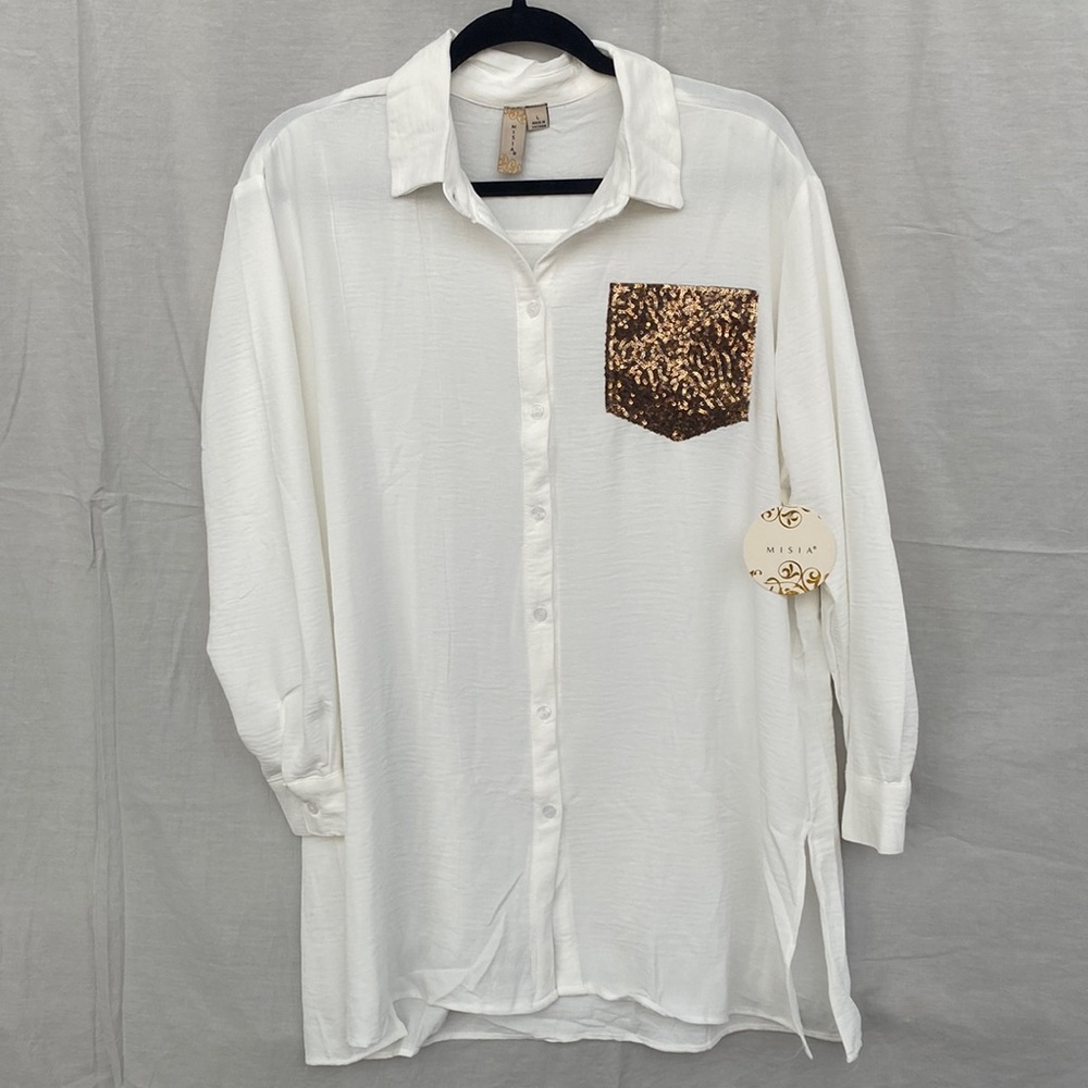 MISIA white long sleeve sequin pocket blouse